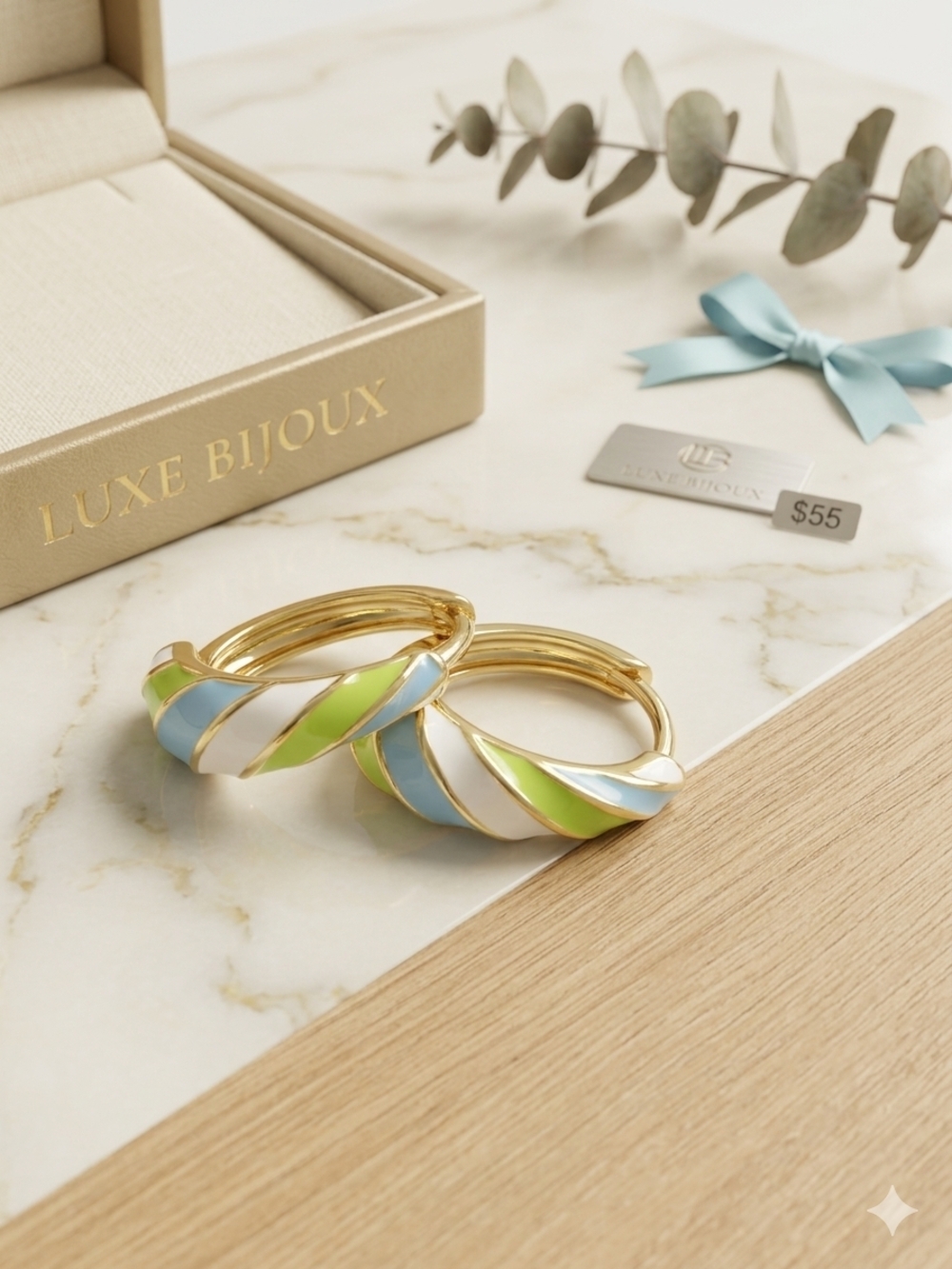 Gold Hoop Earrings with Blue, Green & White Enamel